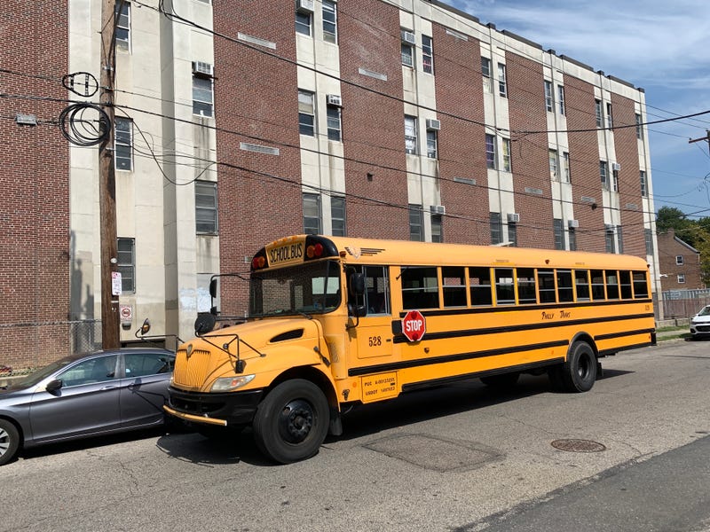 A school bus is parked outside Frankford High School’s annex, known as the “New Wing,” on Sept. 5, 2023.