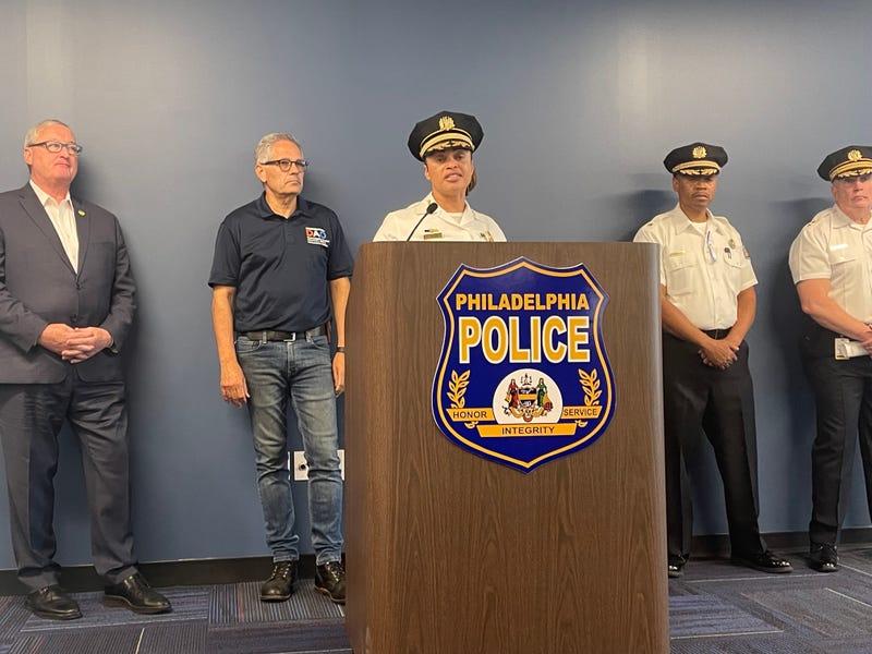 From left: Mayor Jim Kenney, District Attorney Larry Krasner, Police Commissioner Danielle Outlaw and Staff Inspector Ernest Ransom brief the media on a Monday night's mass shooting in Kingsessing.