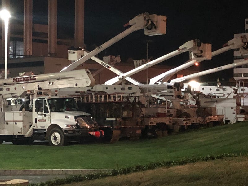 Bucket trucks lined up in Hartford, ready to assist Eversource restore power to tens of thousands of Connecticut residents.
