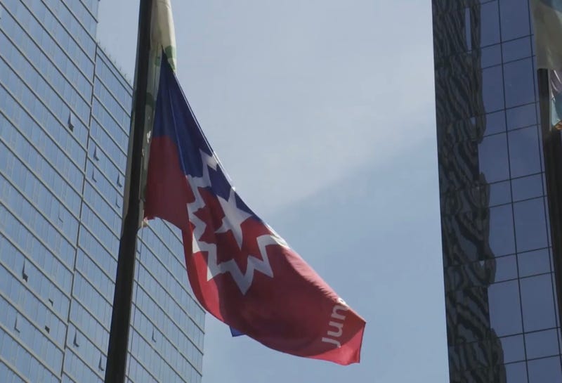 The Juneteenth flag flies over Daley Plaza in Chicago on June 17, 2024.