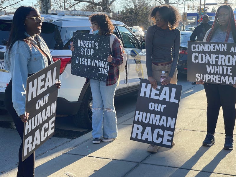 Protesters outside St. Hubert’s Catholic High School for Girls in Philadelphia on Friday.