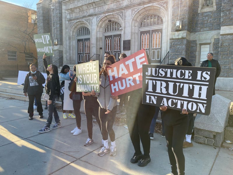 Protesters outside St. Hubert’s Catholic High School for Girls in Philadelphia on Friday.