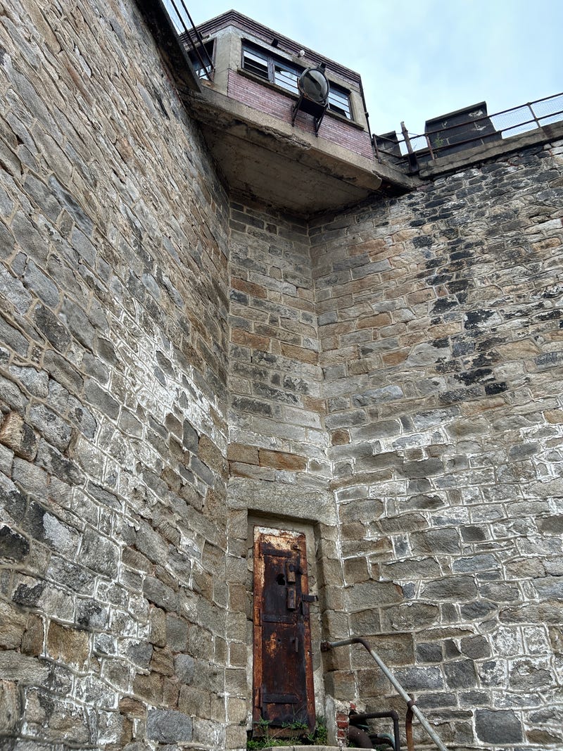 A ground-level view of one of the guard towers at Eastern State Penitentiary. 