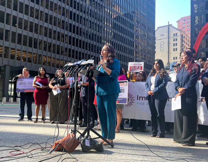 Illinois Rep. Delia Ramirez speaks at a rally at Federal Plaza Wednesday, Aug. 27 condemning President Donald Trump's plans to deploy the National Guard in Chicago.