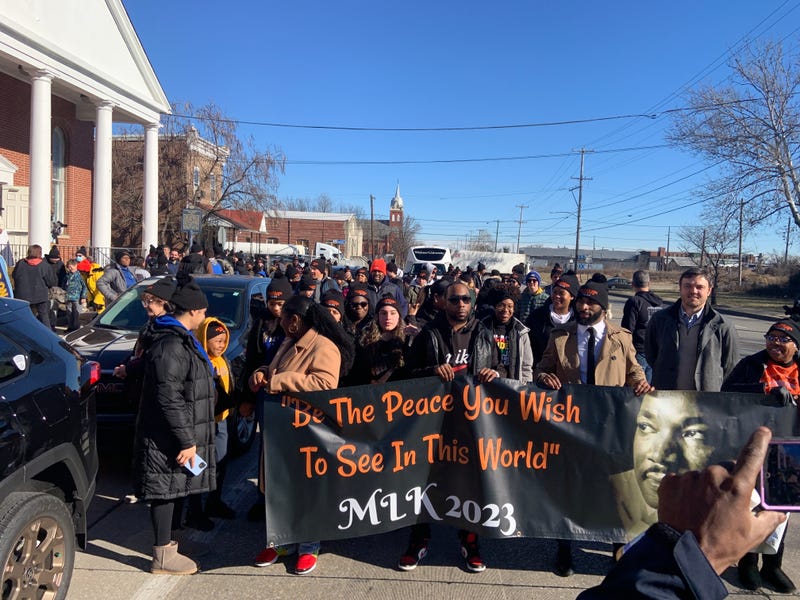 Participants in a Martin Luther King Jr. Day march outside Calvary Baptist Church in Chester, where Dr. King preached.