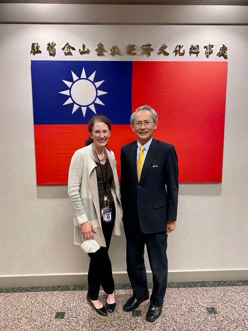 KCBS Radio's Margie Shafer with Director General of the Taipei Economic and Cultural Office in San Francisco, Scott Lai.