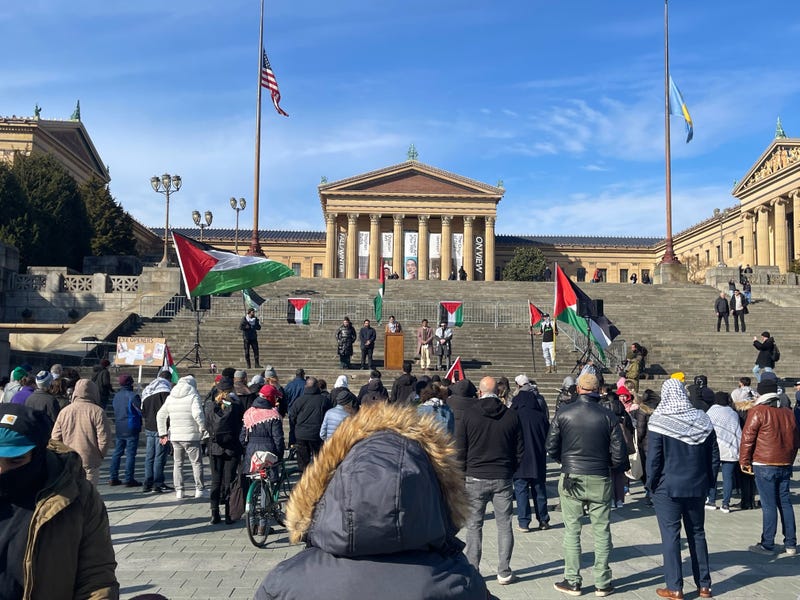 About 100 people gathering at the Art Museum steps for the Palestinian Day of Solidarity.