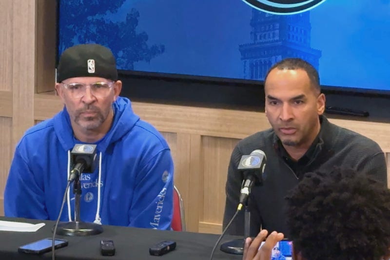 Mavericks head coach Jason Kidd (L) ad general manager Nico Harrison (R) speak with reporters in Cleveland after trading Luka Dončić to the Lakers for Anthony Davis.