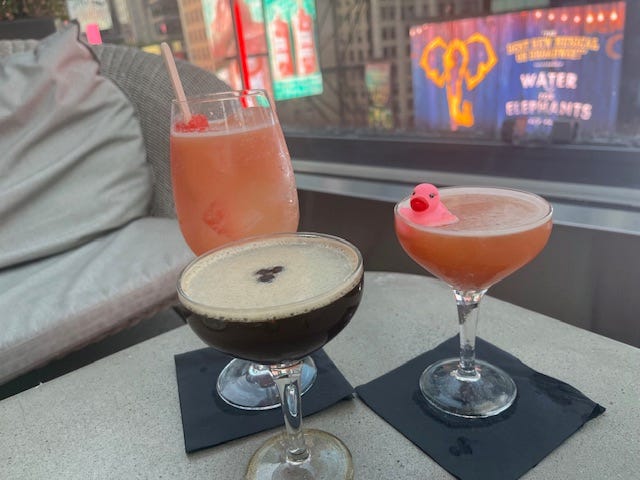 Drinks from the Girl Dinner menu: Pop(sicle) The Prosecco (L), Espresso Martini (C), Burst Your Bubble (R).
