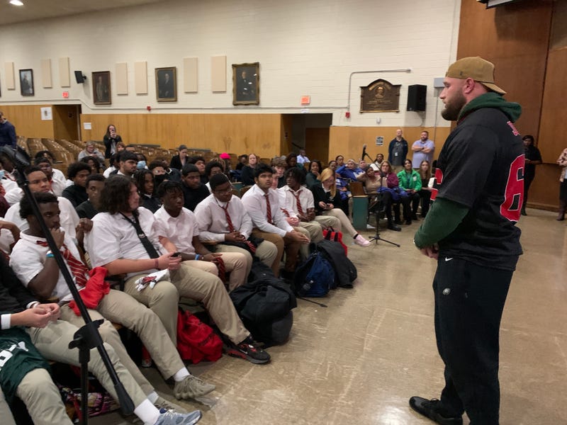 Lane Johnson talks about mental health with high school students