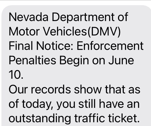 A scam text regarding a traffic ticket
