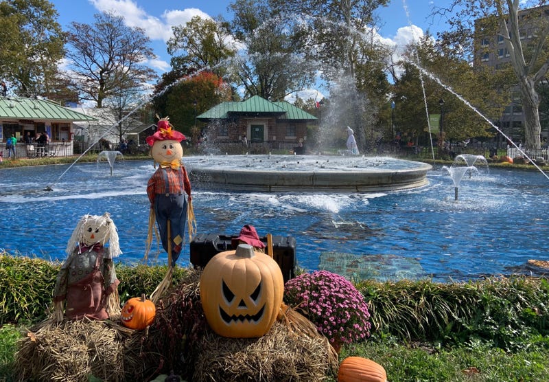The fountain at Franklin Square Park, with Halloween decorations.