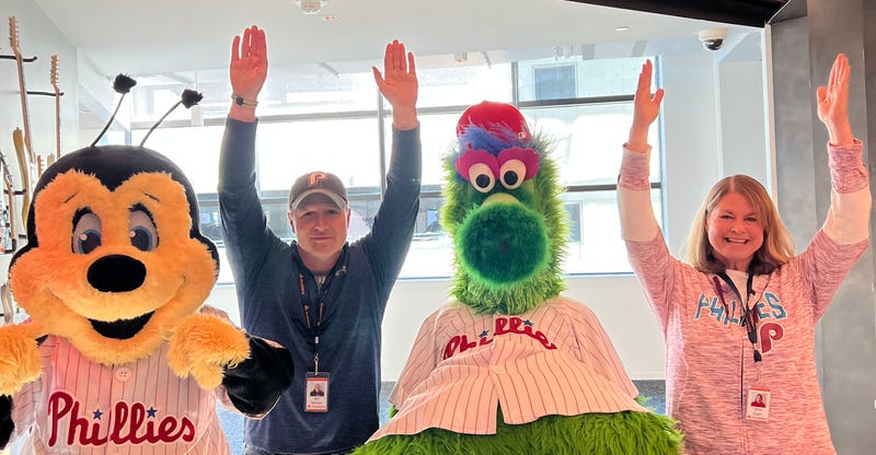 Jenn & Bill with the Phillie Phanatic and Buzzbee