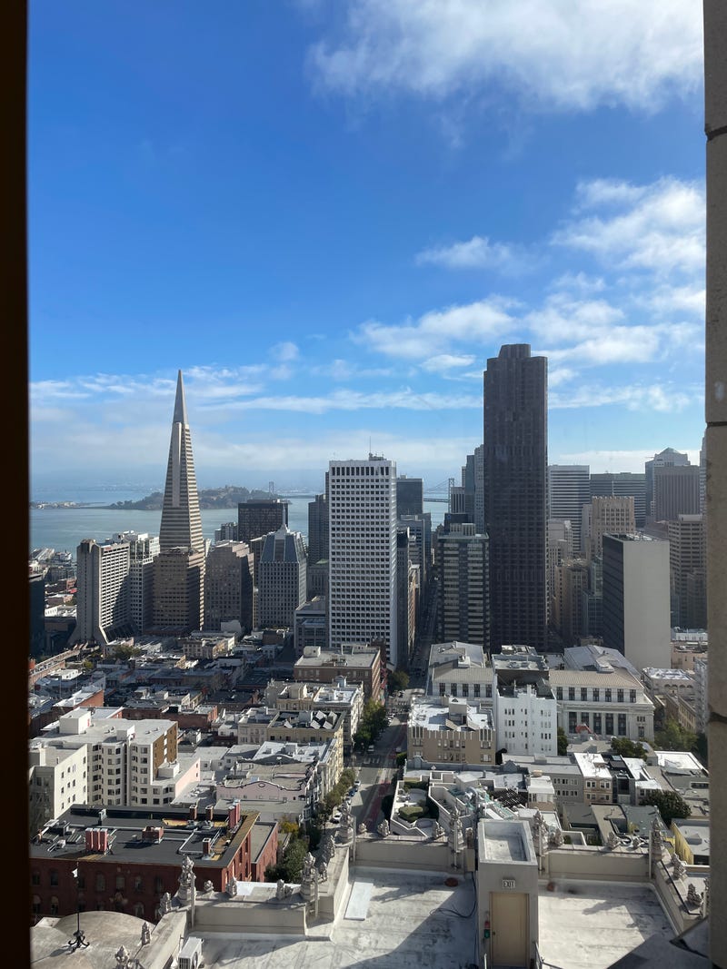 View of the San Francisco skyline from the InterContinental Mark Hopkins hotel -- the site of the KCBS Radio coverage of the San Francisco Fleet Week Air Show.