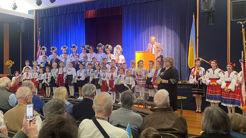 Children performing at an event at the Ukrainian Educational and Cultural Center in Jenkintown marking one year since Russia's invasion of Ukraine began.