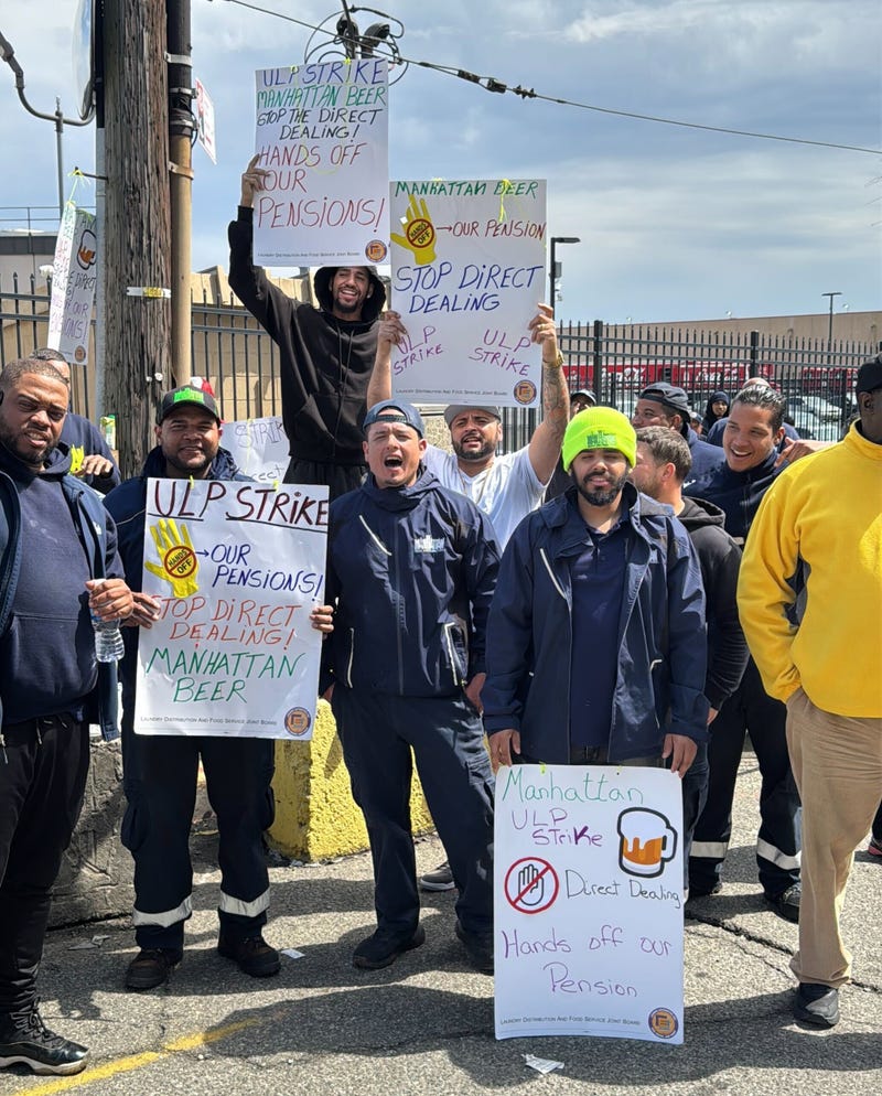 About 600 union warehouse workers and delivery drivers who work for Manhattan Beer & Beverage Distributors walked off the job at midnight Tuesday after contract negotiations broke down.