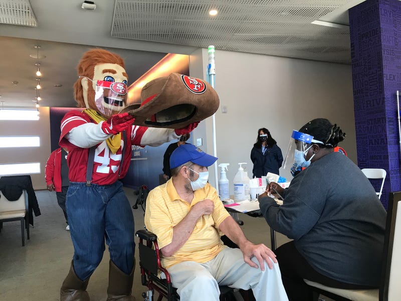 Sourdough Sam was in attendance at a Levi's Stadium COVID-19 vaccine clinic for developmentally disabled adults and children.