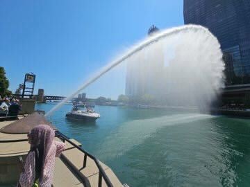 Water cannon along Chicago River Walk
