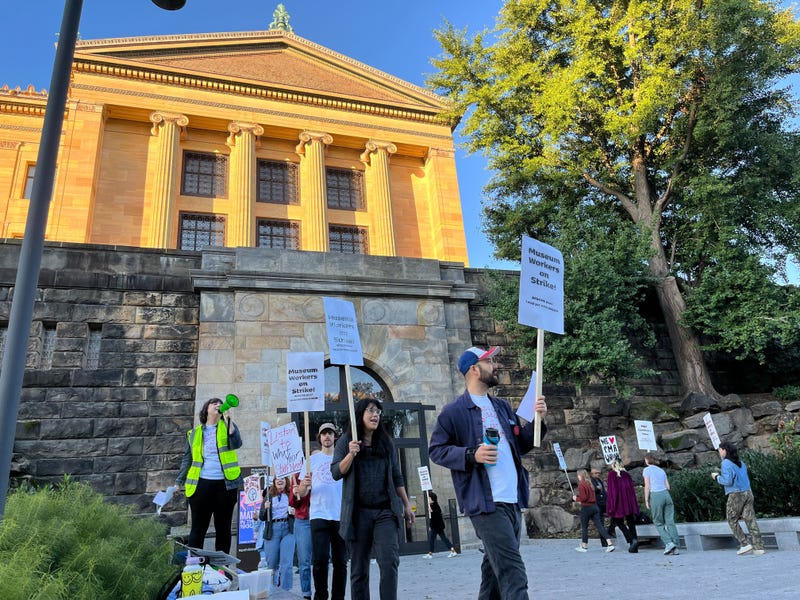 Museum workers go on strike outside the Philadelphia Museum of Art on Sept. 26, 2022.