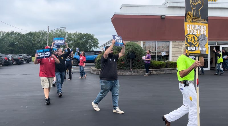 UAW members engaging in practice picketing outside Local 897 in Hamburg Friday, September 8, 2023