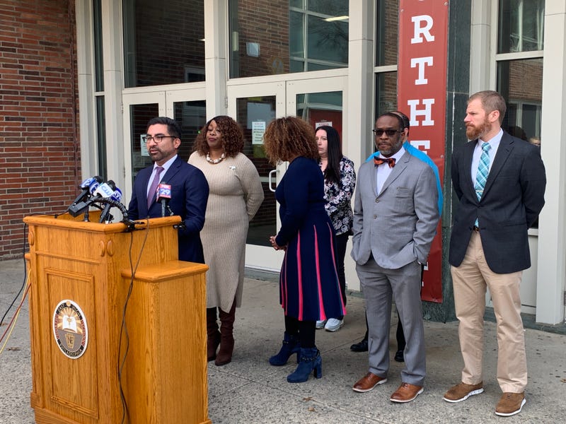 On March 20, 2024, Northeast High School principal Omar Crowder (podium) addressed the bus stop shooting that injured eight students two weeks prior. 