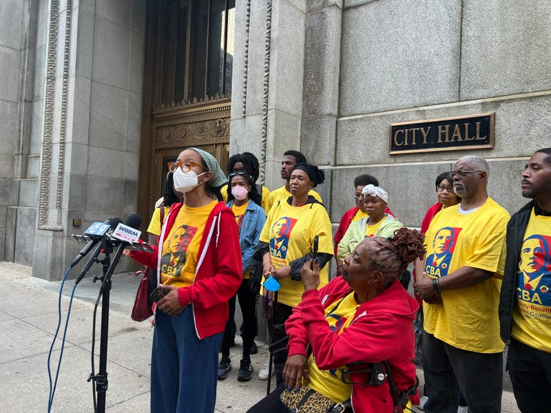Members of the Obama CBA Coalition gathered outside Chicago City Hall on Wednesday, where they urged Mayor Brandon Johnson to take steps in his 2025 budget to support residents who have seen their housing costs rise as the Barack Obama Presidential Center nears its completion. 