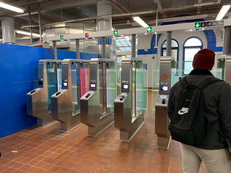 Nearly full-length fare gates installed at the 69th Street Transportation Center, pictured in April 2024.