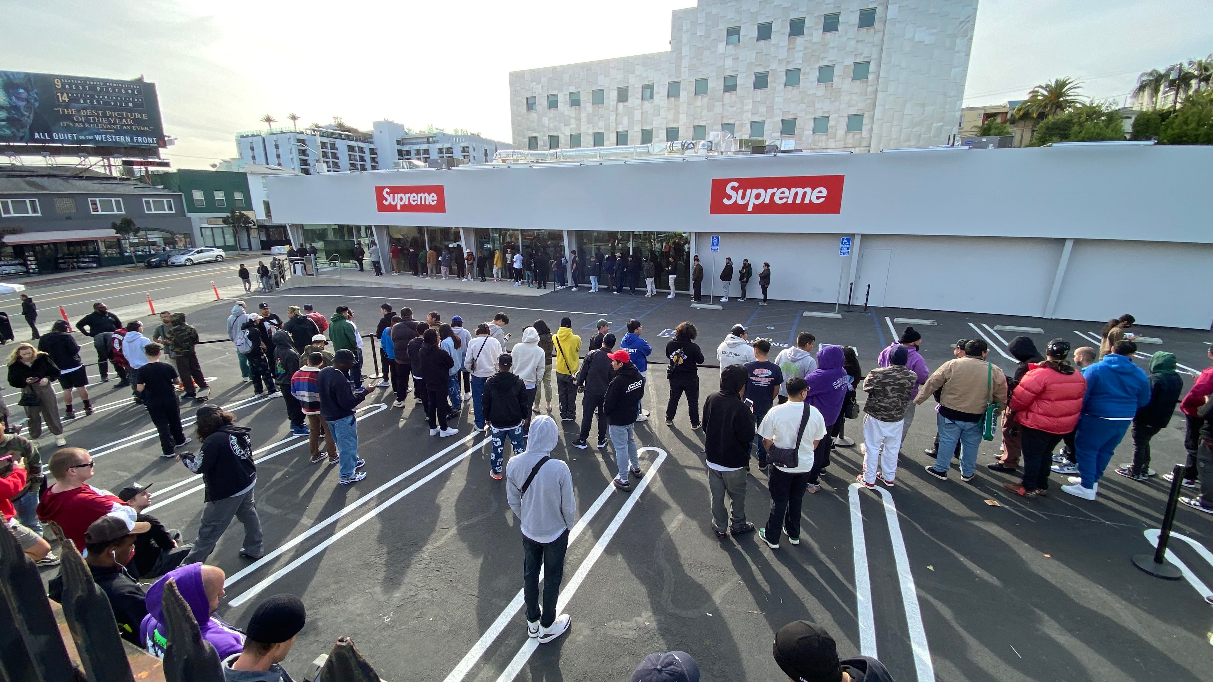 Supreme fans gather at the former site of Tower Records in WeHo for a big opening