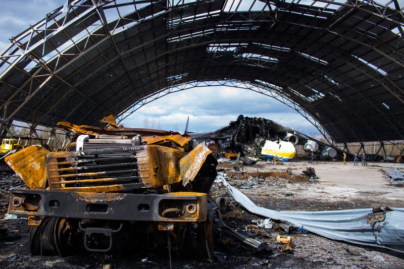 Anton Dmitruk, a Kyiv resident and photographer, set out on April 4, 2022 to photograph the damage done by Russians in their invasion of Ukraine. Destroyed in Feb. 24, 2022 blasts was the Antonov AN-225 Mriya, world's largest operational plane, which rested in a hangar at the Antonov International Airport. 
