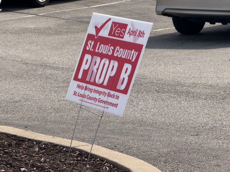 A pro Proposition B yard sign outside the St. Louis County Election HQ