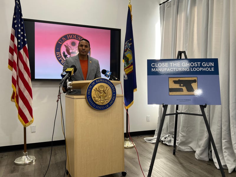 Congressman Ritchie Torres holds a conference calling on Gov. Kathy Hochul to close the loopholes in laws surrounding ghost gun manufacturing on Dec. 13, 2024.