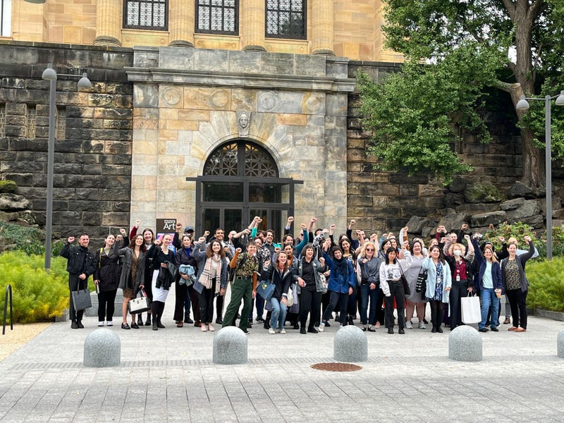 Philadelphia Museum of Art workers celebrate ratifying a new contract and ending their strike on Oct. 17, 2022.