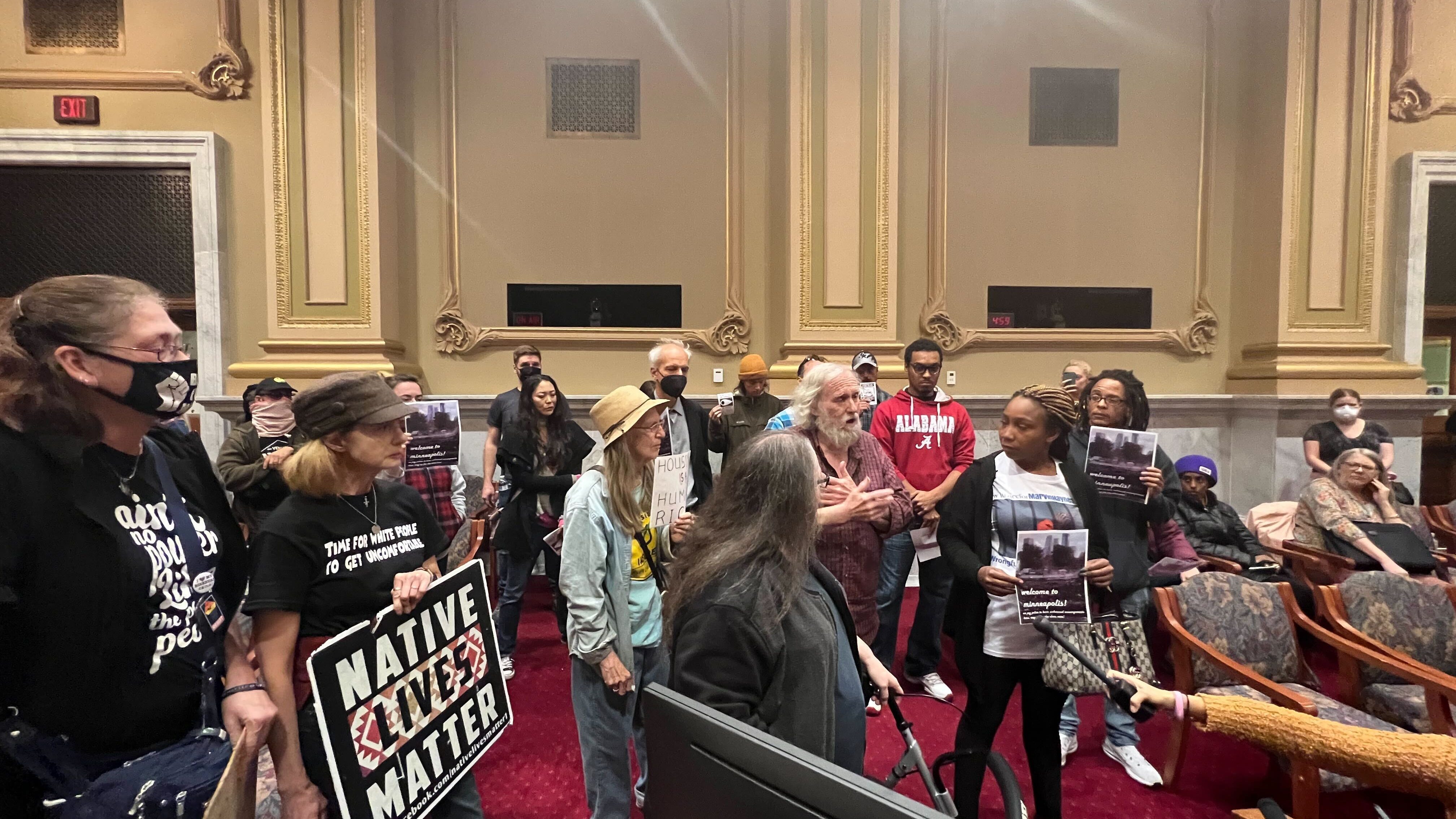 Minneapolis Planning Commission meeting interrupted by protestors upset about removal of homeless encampment