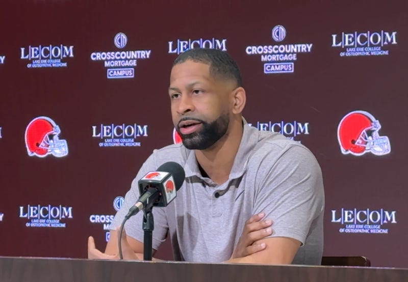 Browns executive vice president of football operations and general manager Andrew Berry speaks with reporters on April 17, 2025 leading up to the NFL Draft.