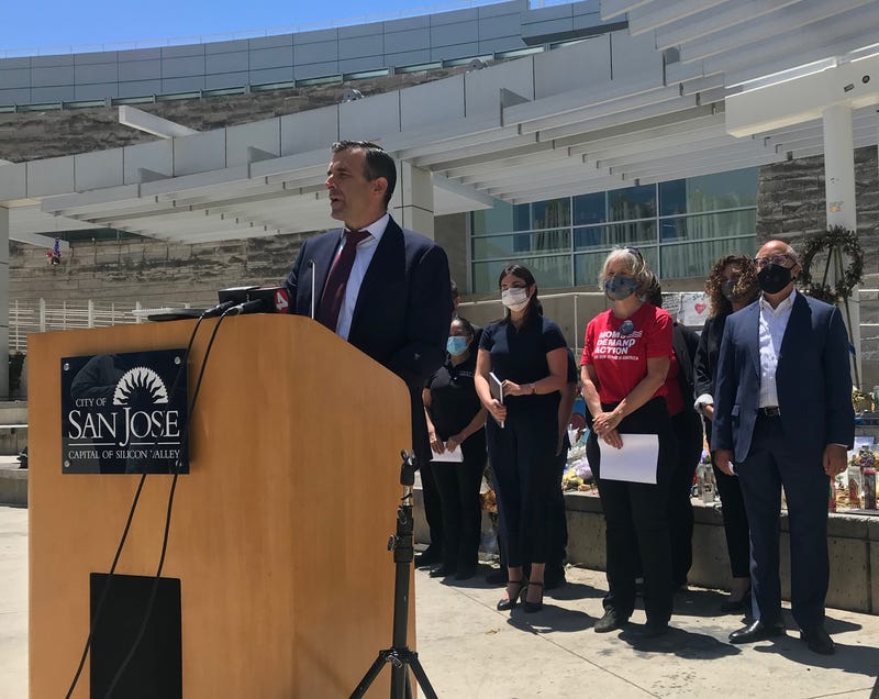 San Jose Mayor Sam Liccardo and city leaders introduce 10-point plan to reduce gun violence, June 8, 2021.