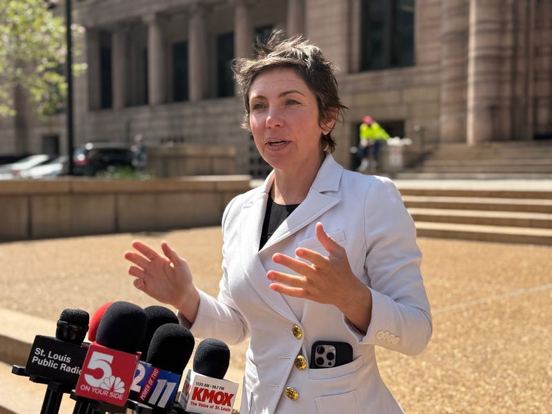 Incoming St. Louis Mayor Cara Spencer meets with reports in front of City Hall, April 10, 2025