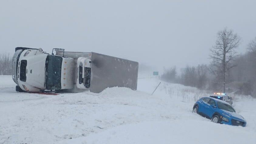 NB 131 closed in Allegan County after semi truck loses control, collides with patrol car