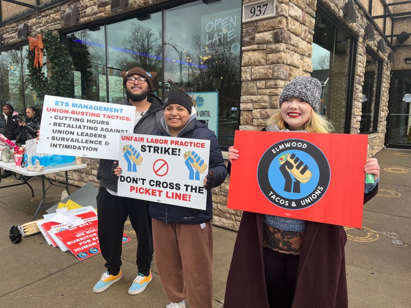Union organizers striking outside Elmwood Taco & Subs after unionization vote on 12/06/2023.