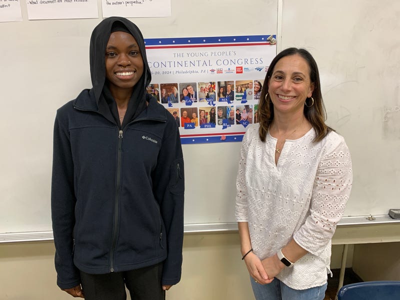 Julia R. Masterman High School 10th-grader Halimah Fasasi (left) and teacher Liz Taylor are delegates for the Young People’s Continental Congress in July.