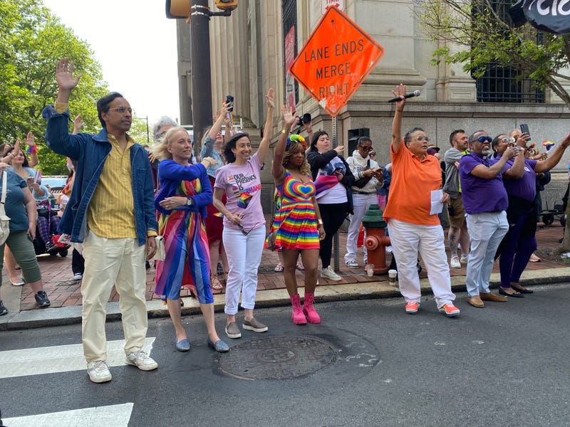 (Left to right) Lawmakers Nikil Saval, Mary Gay Scanlon, Rue Landau and Jamie Gauthier at the Pride Month kickoff parade and festival.