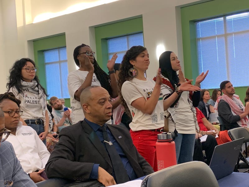 More than 30 speakers inside shared their concerns with the Philadelphia School Board at a meeting on May 30, 2024, claiming the district needs to do more to protect teachers and Palestinian students for voicing their views in school.