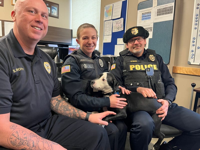 Paddy poses with Hamburg Emergency Services Manager Sean Crotty, Officer Mindy Jendrowski and Lt. John Baker. 