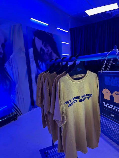 Billie Eilish merchandise at the opening of her pop-up shop in SoHo on Oct. 16, 2024. 