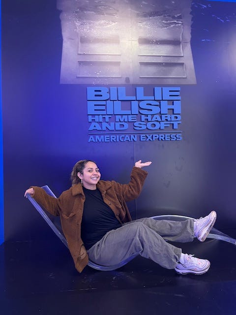 1010 WINS' Kimberly Dole at the Billie Eilish pop-up photo opportunity in SoHo.