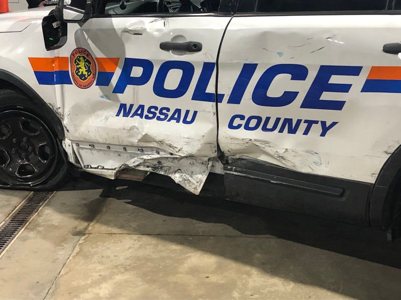 A smashed Nassau County police cruiser at Tuesday's news conference