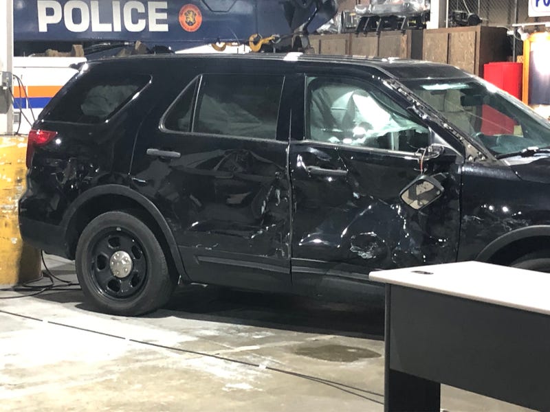A damaged police SUV at Tuesday's press conference in North Bellmore