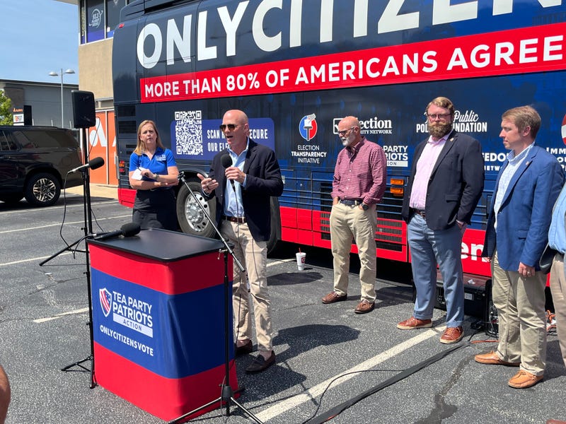 Congressman William Timmons speaking at the Only Citizens Vote Bus Tour stop outside WORD's studio