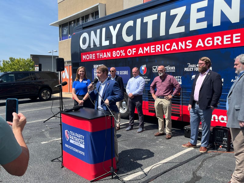 SC Freedom Caucus Chair Jordan Pace speaking at the Only Citizens Vote bus tour