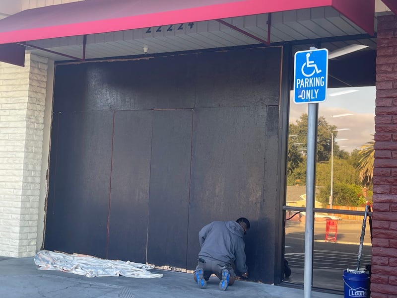 The boarded up storefront at the Trader Joe's in Castro Valley.