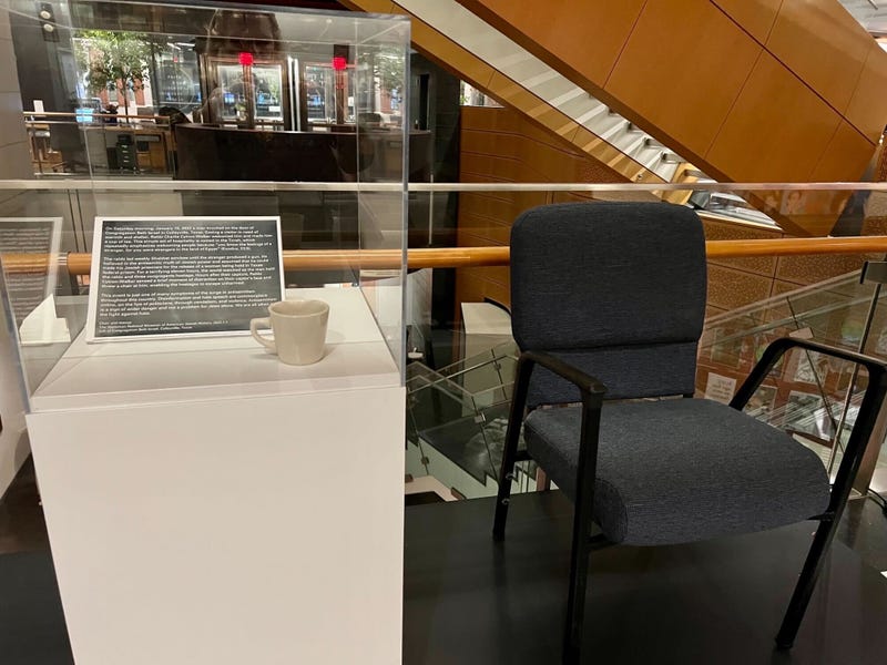 A teacup that a rabbi in Colleyville, Texas offered to a man who eventually took four people hostage at a synagogue there, and a chair the rabbi threw at the hostage taker to distract him and help free three of the hostages. They are on display at the Weitzman National Museum of American Jewish History.